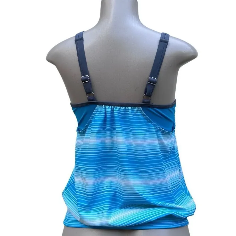 Free Country Swim Tankini Top Women's Medium Blue Striped Blouson Style